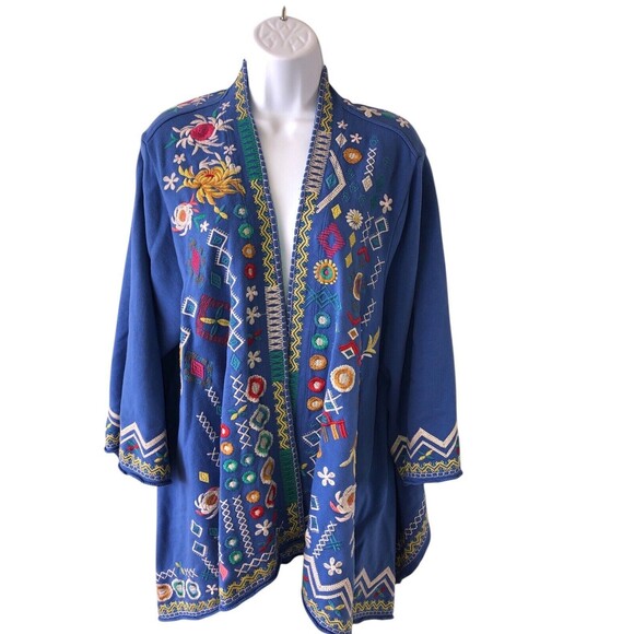 Johnny Was Blue Prisca Embroidered Draped Open Front Cardigan Size XXL - Picture 1 of 12
